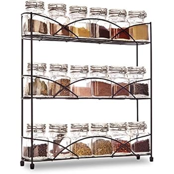 Livivo Free Standing 3 Tier Spice And Herb Rack Counter Table Top Storage Shelving Solution For Up To 21 Jars And Bottles With Non Slip Rubber Feet Black Kitchen Storage Organisation