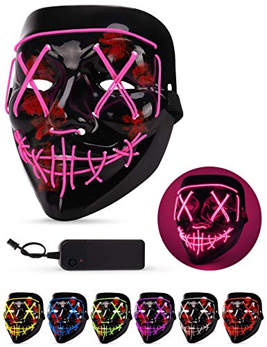 AnanBros Scary LED Halloween Mask, Light up Mask Cosplay, LED Rave Face Mask Costume 3 Lighting Modes, Halloween Face Masks for Men Women Kids - Pink
