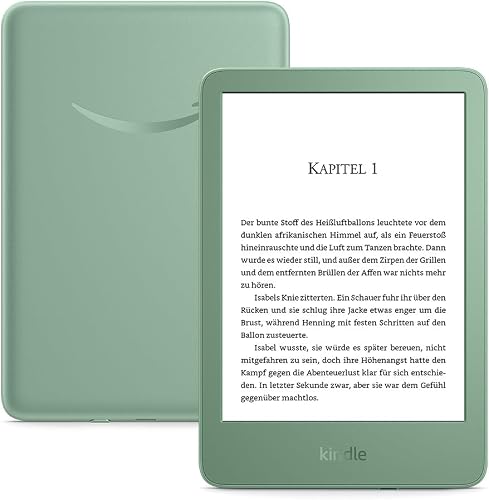 Amazon Kindle (16 GB) – Lightest and most compact Kindle with glare-free display, faster page turns, adjustable front light and long battery life – With Ads – Matcha green