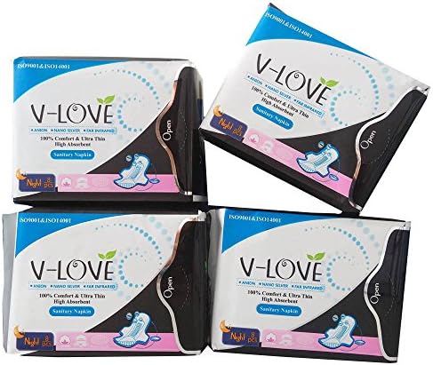 VLOVE Patented Anion Cotton Overnight Long Sanitary Maxi Pads for Women 4Packs of 8(32Pads)