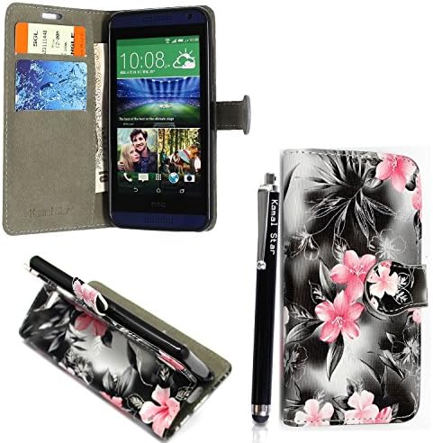 HTC Desire 530 / Desire 630 Case, Kamal Star® Executive Flip Over Style Cover Made From PU Leather with 3 Credit Card Holder slots and one money slot + Free Stylus (Pink Flower Dark Grey Book)
