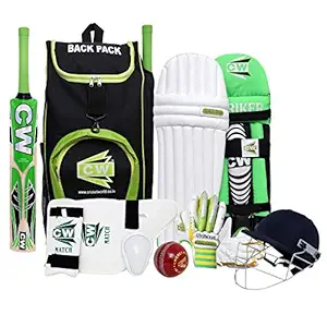 CW Bullet Green Right Hand Cricket Kit Complete Cricket Set with Kashmir Willow Bat & Leather Ball Junior - Youth & Boys Backpack Kit Complete Kit