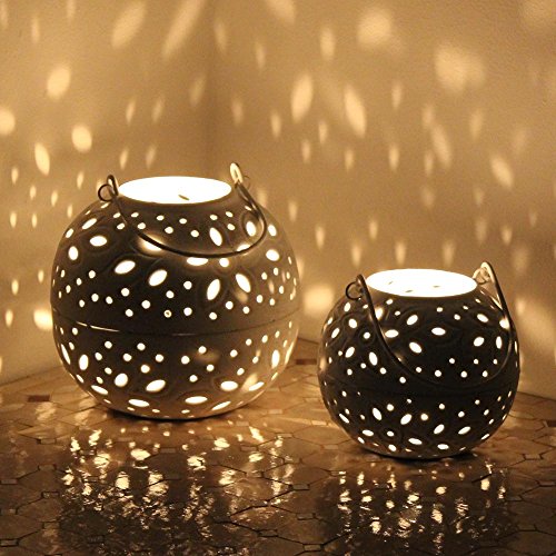 Windlicht weiss Laterne Shabby Gartenlaterne rund Teelicht Kugel PILVI 2 Grössen (2er-Set: Gr.S+Gr.L) - 2