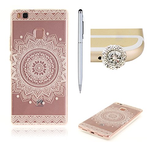 Huawei P9 Lite Hülle Silikon Durchsichtig mit Muster Weiß Mandala,SKYXD Biegsam Klar Weich Dünn Kratzfeste Gummi Handy Schutz Schale mit [Handyanhänger + Eingabestifte] Etui Fall für Huawei P9 Lite Transparent Premium Case Flexible Clear Soft Slim Backcover Skin with Touch Pen Dust Plug