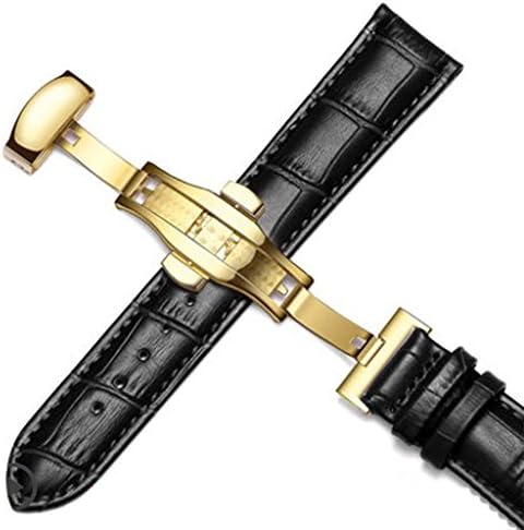 18-24mm Genuine Leather Gents Mens Gold Buckle Wrist Watch Bands Strap Replacement (18mm, Black &amp; Black Line)