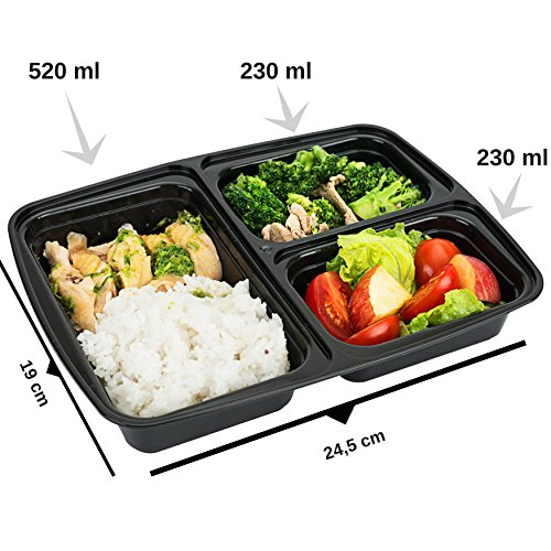 [10er Pack] FITPREP® 3-Fach Premium Meal Prep Container | Lunchbox, Modell 2017 – stabil,fest schließender Deckel, Stapelbar, Wiederverwendbar, Spülmaschinenfest, Mikrowellen-, Gefrierschrankgeeignet - 3