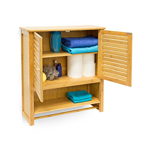Relaxdays Hängeschrank LAMELL Bambus H x Bx T: 66 x 60 x 20 cm Badschrank zum Hängen mit Handtuchhalter Badezimmerschrank mit 2 Türen und Regalfach Bad Schrank als Oberschrank Badhängeschrank, natur - 3