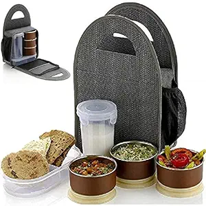 Primelife 3 Air-Tight Stainless Steel Container Lunch Box 1 Casserole, 1 Bottle with Bag Use for Women, Girls, Boys, Men, Student Tiffin/Lunch Box - Grey (BT-1).