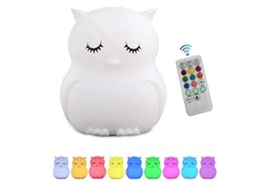 Tianhaixing luz nocturna infantil, LED Silicona blanda Búho luz nocturna con 9 colores cambiando/USB recargable/control remoto y táctil regulable, ideal Navidad y regalos de cumpleaños para niños