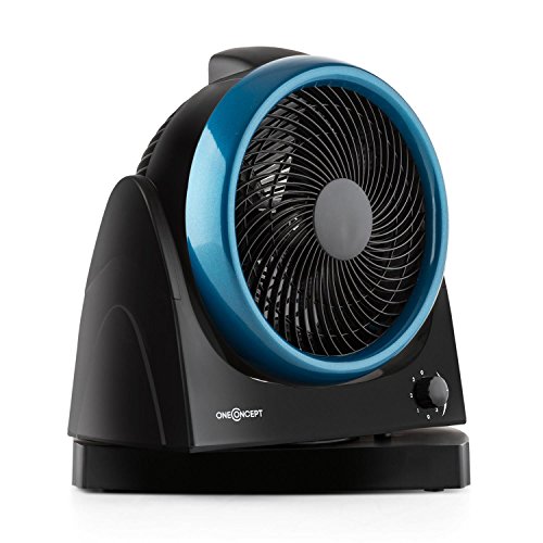oneConcept • Windmaker • Tischventilator • Ventilator • Schwenkfunktion • Drehregler • 3 Geschwindigkeitsstufen • 6-stufig einstellbarer Neigungswinkel • sparsam im Verbrauch • 30 Watt Leistungsaufnahme • kompakt • Tragemulde • schwarz-blau