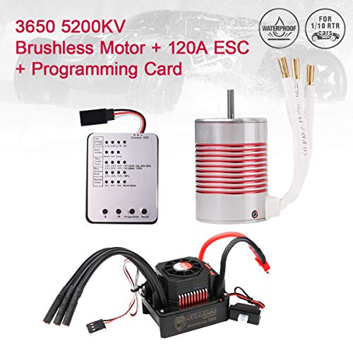 Crazepony-UK 3650 5200KV Sensorless Brushless Motor with 120A ESC Electronic Speed Controller And Programming Card Waterproof Combo Set 3.175mm Shaft for 1/10 RC Car