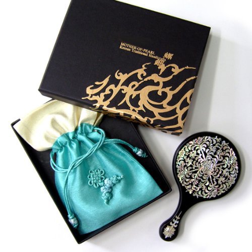 – Inlay mit Perlmutt Blumen und Vogel Design Prinzessin Holz rund braun schwarz Kosmetik Make-up-Spiegel - 5