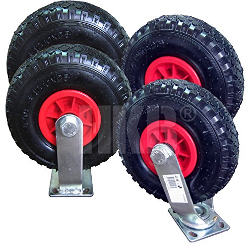 HKB ® 1 Set Sackkarrenräder (2 Stück mit kugelgelagerter Lenkrolle und 2 Stück mit Bockrolle), Gummirad 3.00 - 4 inklusive Schlauch und Ventil, auf roter Kunststofffelge mit Nadellager / Rollenlager, Tragkraft 130kg, ø=260mm, Breite = 85mm, Nabe 80mm breit für Achse ø=20mm, Mantel aus widerstandsfähigem Gummi, ideal für Transportwagen und Plattformwagen geeignet, auch für Bollerwagen und Handwagen, Artikel-Nr. 20195