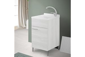Inbagno Lavatoio con mobile e vasca in Resina resistente agli acidi, Completo di ASSE di Lavaggio e Kit sifone + piletta (45x50 cm 1 Anta, Bianco Venato)