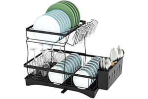 TENXSNUG Abtropfgestell Geschirr Abtropfständer, 2-stufiges Abnehmbares Geschirrabtropfgestell mit Utensilienhalter und Tassenhalter, Grosse Kapazität Abtropfgitter Dish Drying Rack für Küche, Schwarz
