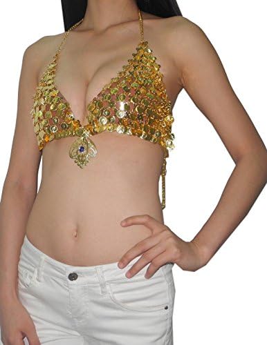 Womens Sexy Exotic Belly Dance Metal Coins Costume Bra Top with Blue Stone - Gold