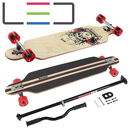 Longboard Skateboard MARONAD drop through Race Cruiser ABEC-11 Skateboard 104x24 cm Streetsurfer patinar FUN, Modell Streetsurfer - Totenkopf mit LED Leuchtrollen + MARONAD STICK