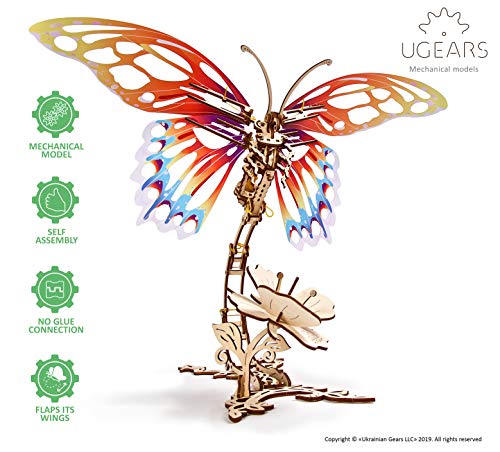 UGEARS Butterfly 3D Wooden Puzzle - Moving Wooden Mechanical Butterfly Model - Self-Assembling Animal Puzzle Kit - Wooden Insect Model - Wooden Model Kits for Adults and Kids - Gift and Home Décor