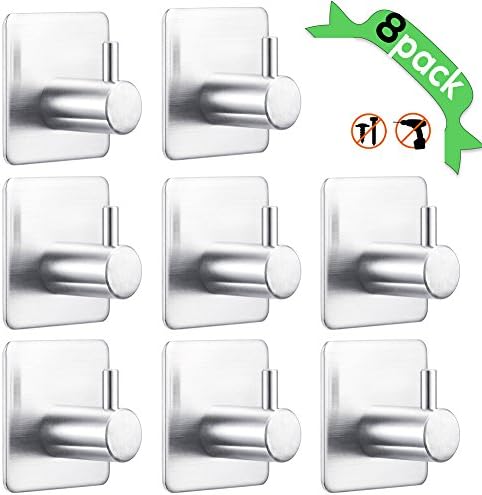 Self Adhesive Hooks, Stick-up Stainless Steel Hanger for Kitchen Bathrooms Lavatory Closets, Waterproof Oilproof and Rustproof (8 Pack)