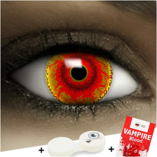 Lentillas de color "Red Monster" + cápsulas de sangre artificial + recipiente de FXContacs en blanco, blandas, sin dioptrías pack de 2 unidades - cómodas y perfectas para Halloween, Carnaval, sin corregir