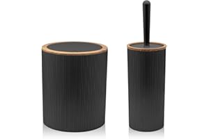 INBAGNO Set da 2 Pezzi Porta scopino e Pattumiera 5lt, in plastica Nero, con Dettagli Effetto Legno, Serie Blob