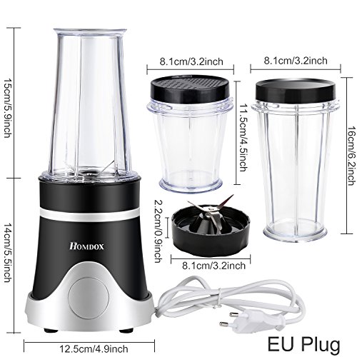 Homdox Mini Mixer Smoothie, 4 Edelstahlmesser mit Saftbecher, Grinding Cup, Seal Ice Cup und 2 Spare Lids, Standmixer Set 250W - 4