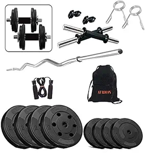 AURION -C3-W Rope and Gym Bag Set with 3 feet Curl Bar Accessories, 12 kg (2kg x 4, 1 kg x 4 Plates)
