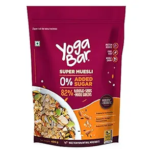 Yogabar Super Muesli, No Added or Hidden Sugar, Breakfast Muesli with Probiotics & Prebiotics, 82% Almonds + Whole Grains + Chia Seeds + Flax Seeds, 400g