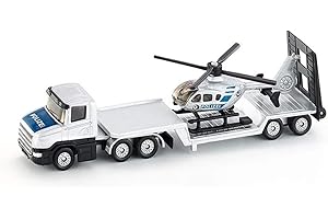 siku 1610, Camión de plataforma baja de policía con helicóptero, Metal/Plástico, Plateado, Apertura de portón posterior, Remolque desmontable