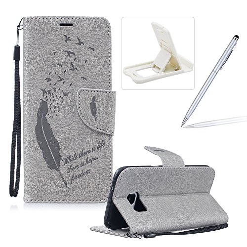 Preisvergleich Produktbild Samsung Galaxy S7 Edge Lederhülle Brieftasche Handy Hülle Case,Samsung Galaxy S7 Edge Komplett Schutz Kartenfach Schutzhülle Tasche Leder Flip Case,Herzzer Standfunktion Staubdicht Mit Sprüche Lanyard [Feder Muster] Bookstyle Magnet Ultra Dünn Slim Portemonnaie Hülle Cover Schale Leder Wallet Case Shell Skin für Samsung Galaxy S7 Edge + 1 x Frei Weiß Handy Halterung Ständer + 1 x Frei Silber Touch Pen Stift Stylus - Grau