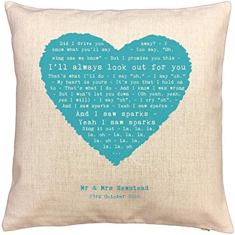 NOT JUST A PRINT Personalised Song Lyrics Pillow Cushion Case with Romantic Vintage Heart Design, perfect 2nd Anniversary, Wedding, Birthday, Christmas or Valentines Gift (Coldplay - Sparks)