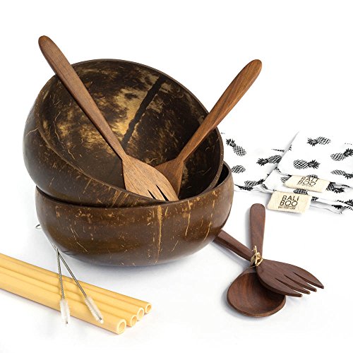 2 Bols en Noix de Coco | 2 Set de Couverts en Bois, 4 Pailles en Bambou, 2 Brosses, 2 Sacs en Coton