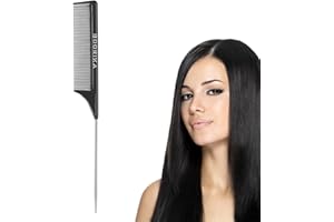 BOORIKA Tail Comb, Rat Tail Hair Comb 100% Anti-static, Heat resistant, Lightweight, Durable with anti-skid paddle and Stainless-Steel Pintail for All Hair Types (Pack of 1)