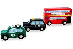 Indigo Jamm British Classics, 3 Wooden Toy Vehicles Set with Iconic London Bus, Taxi and Racing Car