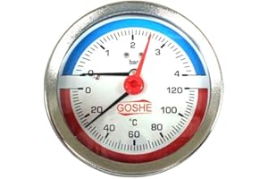 HYDROBIL Thermo manomètre Jauge de Température et de Pression Manomètre à Ressort Bourdon Température de Fonctionnement 0-120 °C Précis Facile à Monte 21 mm 1/2"Filetage Mâle Laiton