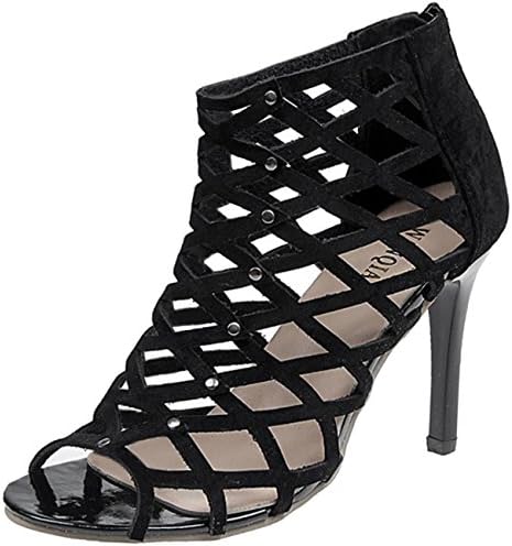 Mashiaoyi Women's Peep-Toe Stiletto Zip Hollow Rivet Sandals UK 2 Black
