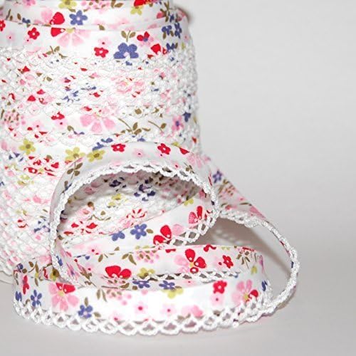Pink, Red & Blue Flowers with White Lace Edge Double Fold Bias Binding 12mm (Sold by The metre) and Presented on a Bertie's Bows Ribbon Card