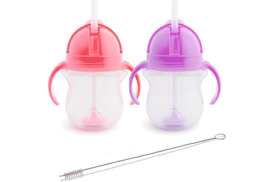 Munchkin Click Lock Tip & Sip Straw Cup Set| Baby & Toddler Sippy Cups with Straw| BPA Free Non Spill Cup| Dishwasher Safe Baby Straw Cup| Weighted Straw Childrens Cups| 7oz/207ml| 2 Pack| Pink/Purple