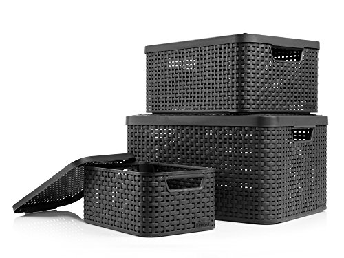 Curver Aufbewahrungsboxen 'Style' im Rattan Design mit Deckel stapelbar | 3 Größen: L, M, S | Modernes Aufbewahrungsbox für Bad, Küche und Haushalt