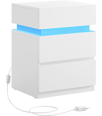 Weißer Nachttisch Mit LED & Ladefunktion – 2 Schubladen, 40x35x65 Cm, Hochglanz