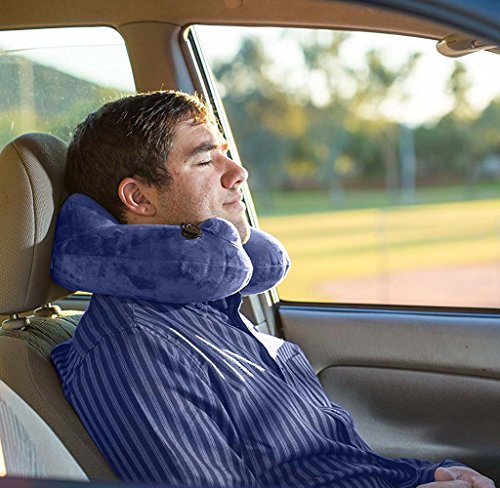 Auxent Aufblasbares Nackenkissen Reisekissen mit Fleece-Bezug, Nackenhörnchen für Zuhause, Büro und Unterwegs im Flugzeug, Bahn, Auto und Bus, Ergonomisches Design, Königsblau - 8