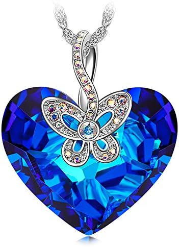 J NINA Butterfly Love Bermuda Blue Heart Design Women Pendant Necklace with Crystals from Swarovski, Nickel-Free, 45+5cm extender