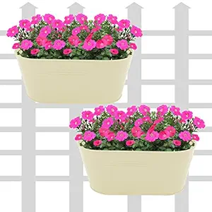 Klaxon Railing Planters - Oval Hanging Railing Planters for Balcony - 12 Inches - Beige - Pack of 2