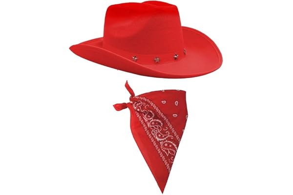 Barn röd stjärna nitad cowboyhatt med matchande röd paisley bandana västerländsk maskeraddräkt tillbehör set för fester festivaler rodeo land tema evenemang halloween utklädning fotorekvisita