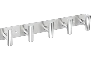Mooche Garderobenleiste mit 5 Haken 36cm - Kleiderhaken 304 Edelstahl Hakenleiste für Flur Schlafzimmer und Badezimmer, 2 Befestigungsmöglichkeiten - Kleben oder Gebohrt, Gebürstet