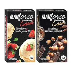 Manforce Cocktail Condoms with Dotted-Rings Combo Pack (Strawberry+ Vanilla & Chocolate+ Hazelnut)- 10 Pieces (Pack of 2)