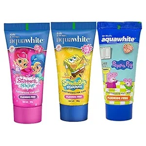 aquawhite Toothpaste for Kids (2-14 Years), Pack of 3, Fluoride Free, (Strawberry & Chillgum Flavors), (80 GM) Each (Combo 4)