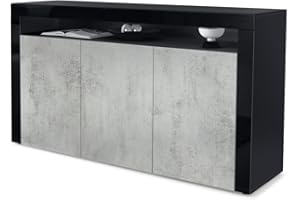 Vladon Sideboard Valencia, Made in Germany, Kommode mit 3 Türen und 1 offenem Fach, Schwarz matt/Beton Oxid Optik/Schwarz Hochglanz (155 x 92 x 40 cm)