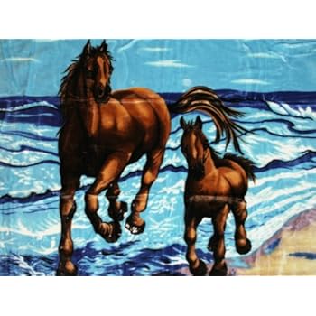 Kuscheldecke Tagesdecke Decke Motiv Pferd mit Fohlen blau 160x200cm