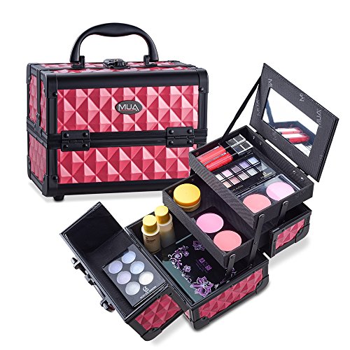MUA LIMITED Cosmetic Aluminum Train Case, Compact Makeup Storage Organiser, Beauty Box with Lock and Key, Hot Pink with Black Trim 19.5 L x 15 W x 16 H (cm)